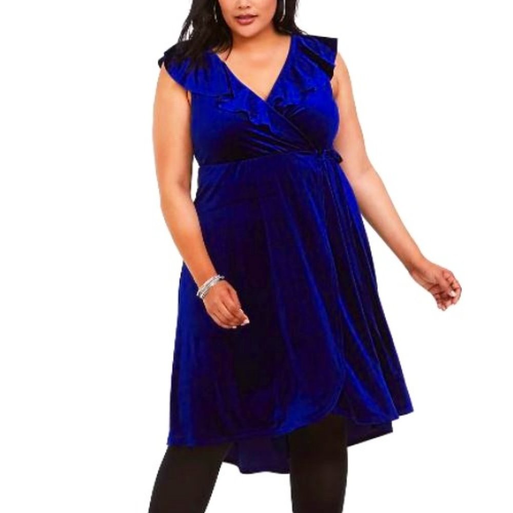 TORRID NAVY VELVET RUFFLE WRAP DRESS